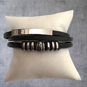 Unisex triple black braided leather bracelet